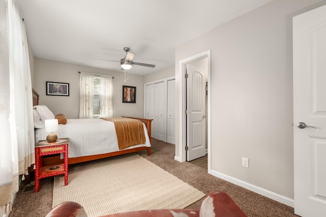 bedroom with light colored carpet and ceiling fan