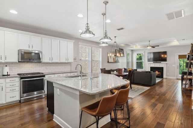 kitchen with appliances with stainless steel finishes, sink, white cabinets, a kitchen island with sink, and a tray ceiling