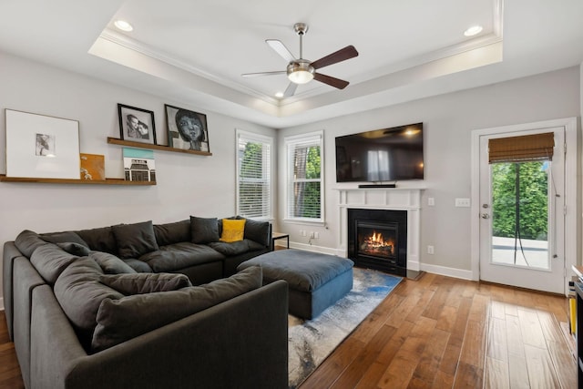 living room with a raised ceiling, ornamental molding, hardwood / wood-style floors, and ceiling fan