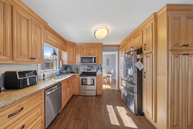 kitchen with stainless steel appliances, dark hardwood / wood-style floors, light stone countertops, and sink