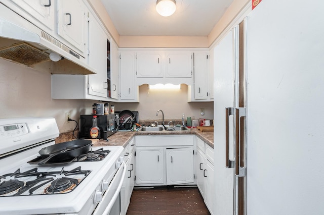 kitchen featuring white cabinetry, dark wood-type flooring, sink, and white range with gas stovetop