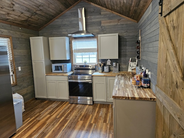 kitchen featuring butcher block counters, white cabinets, stainless steel range with electric stovetop, and wood walls