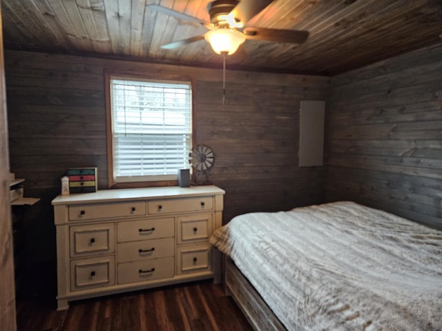 bedroom featuring ceiling fan, wooden walls, and wooden ceiling