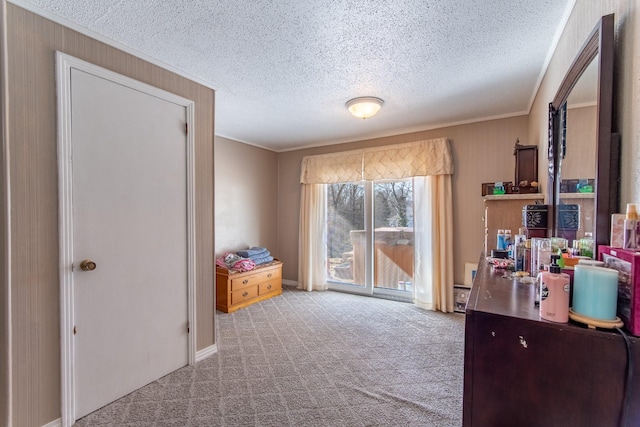 office area featuring ornamental molding, light colored carpet, and a textured ceiling