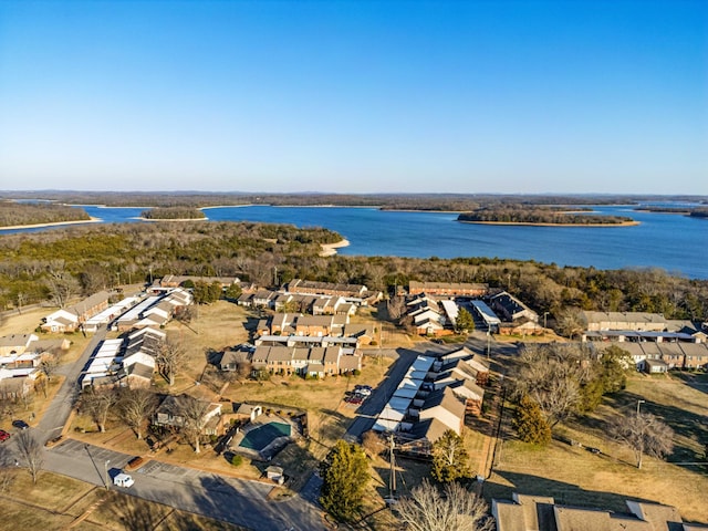 drone / aerial view with a water view