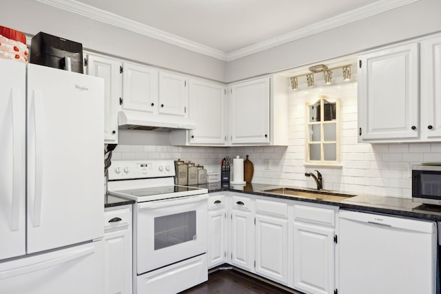 kitchen featuring sink, white cabinetry, ornamental molding, white appliances, and backsplash