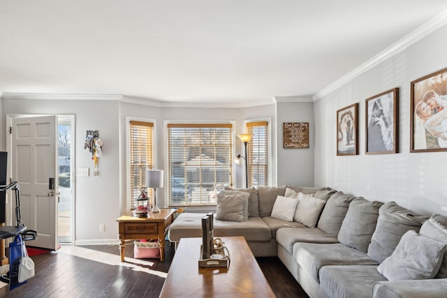 living room with ornamental molding and dark wood-type flooring