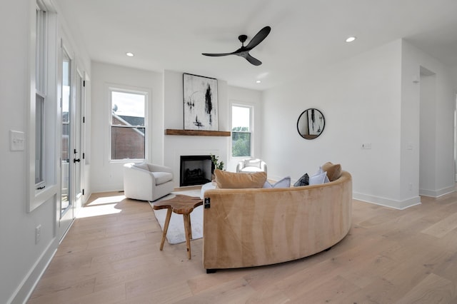 living room with ceiling fan and light hardwood / wood-style flooring