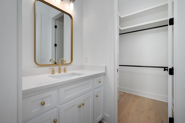 bathroom with wood-type flooring and vanity