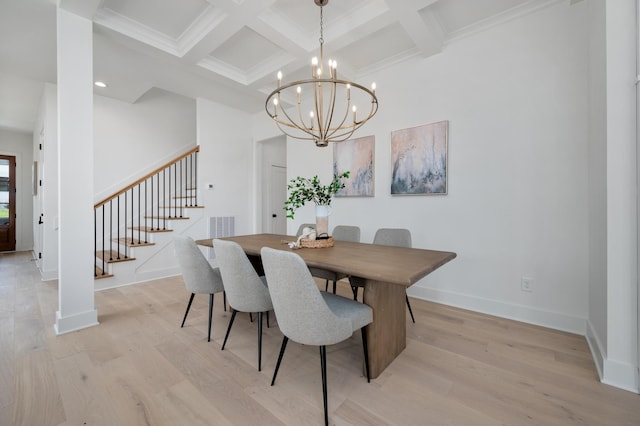 dining room with coffered ceiling, beam ceiling, and light hardwood / wood-style floors