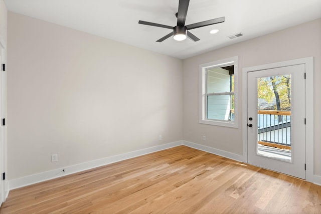 interior space featuring light hardwood / wood-style flooring and ceiling fan