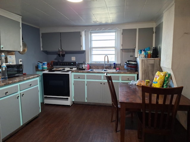 kitchen with range with electric stovetop, sink, and dark wood-type flooring