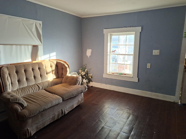 living room with ornamental molding and dark hardwood / wood-style floors