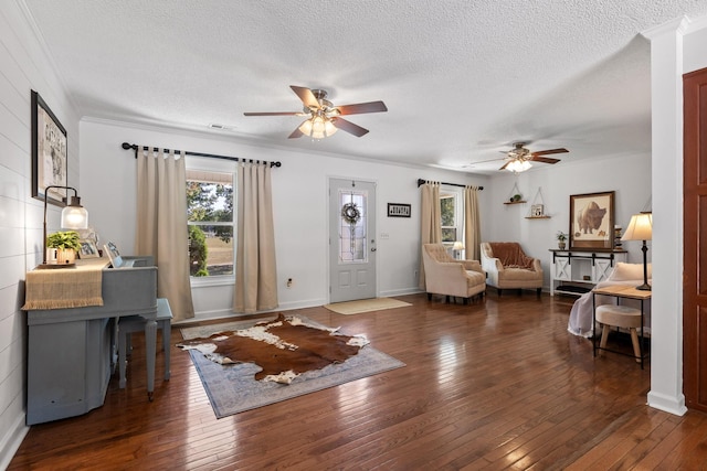 living room with crown molding, dark hardwood / wood-style floors, and a textured ceiling