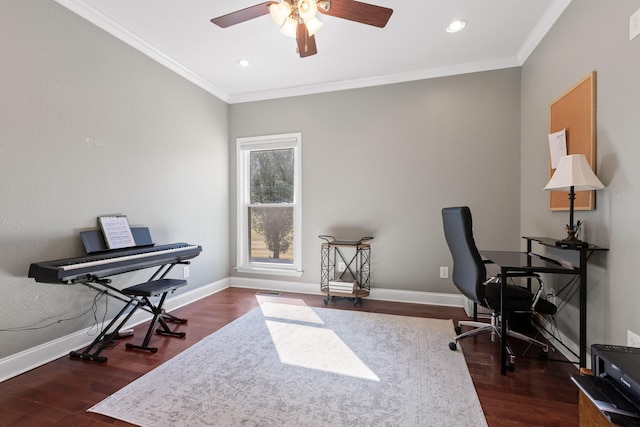 office area featuring dark hardwood / wood-style flooring, ornamental molding, and ceiling fan