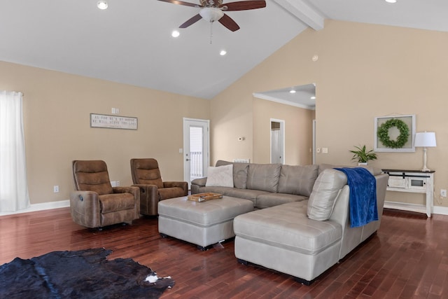 living room with beamed ceiling, dark hardwood / wood-style floors, high vaulted ceiling, and crown molding