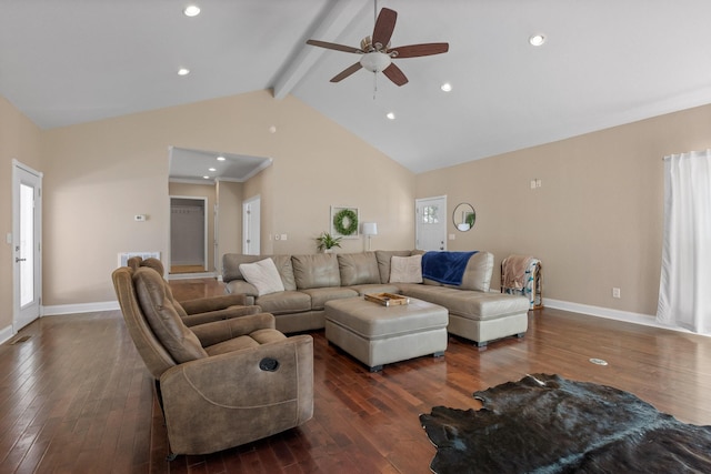 living room with dark hardwood / wood-style floors and vaulted ceiling with beams