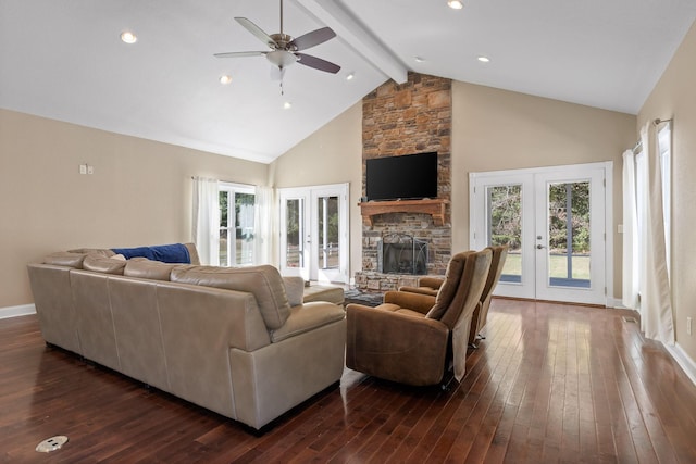 living room with dark wood-type flooring, high vaulted ceiling, a fireplace, french doors, and beamed ceiling