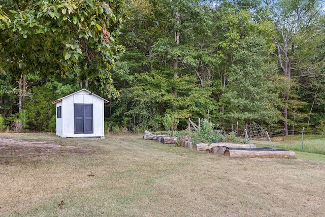 view of yard featuring a storage unit