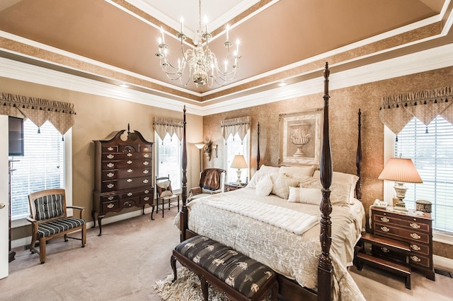 carpeted bedroom featuring a raised ceiling, crown molding, a high ceiling, and an inviting chandelier