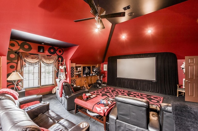 cinema with lofted ceiling, carpet floors, and ceiling fan