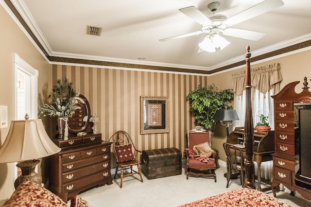 bedroom featuring crown molding, light colored carpet, and ceiling fan