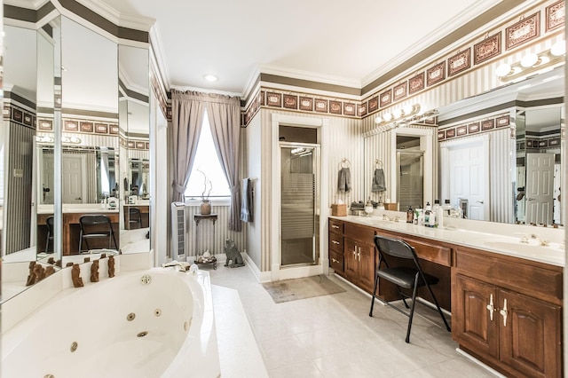 bathroom featuring vanity, tile patterned floors, ornamental molding, and plus walk in shower