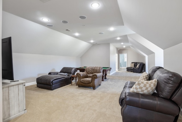 carpeted living room with pool table and lofted ceiling