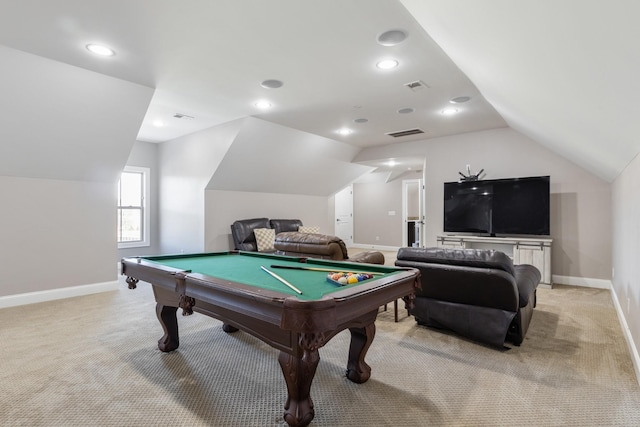 game room featuring vaulted ceiling, light carpet, and billiards