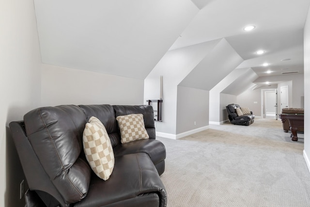 living room with lofted ceiling and light carpet