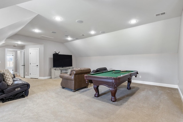 game room with light carpet, pool table, and lofted ceiling