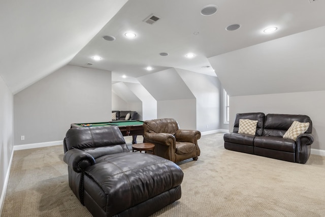 home theater room with vaulted ceiling, light carpet, and pool table