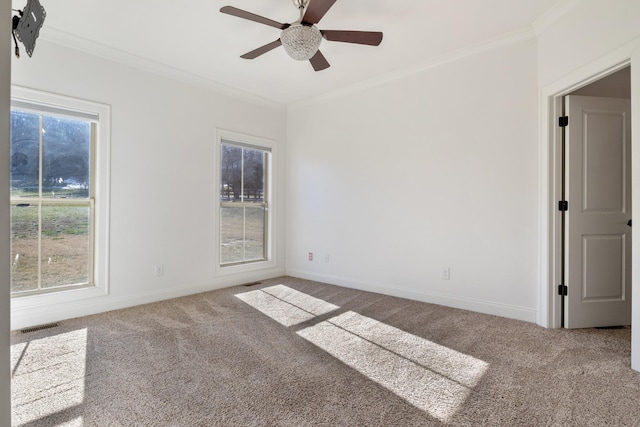 carpeted empty room with ceiling fan and ornamental molding