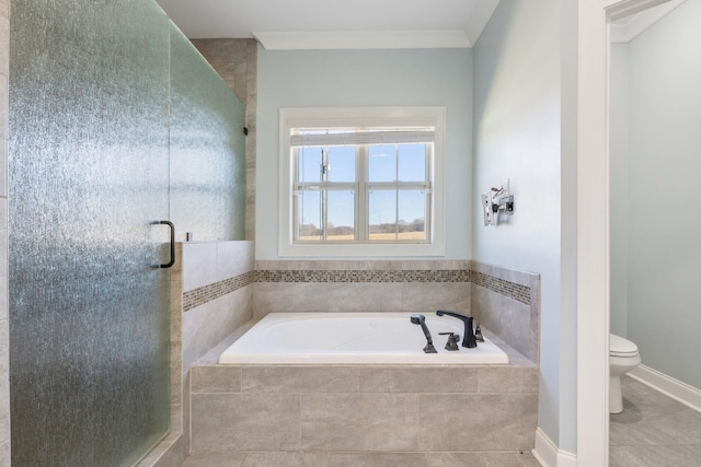 bathroom with ornamental molding, toilet, tile patterned flooring, and shower with separate bathtub