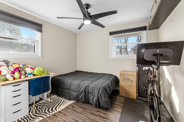 bedroom with dark wood-type flooring, ceiling fan, and multiple windows