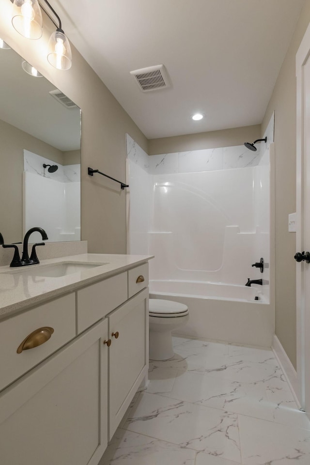 full bath with vanity,  shower combination, visible vents, toilet, and recessed lighting