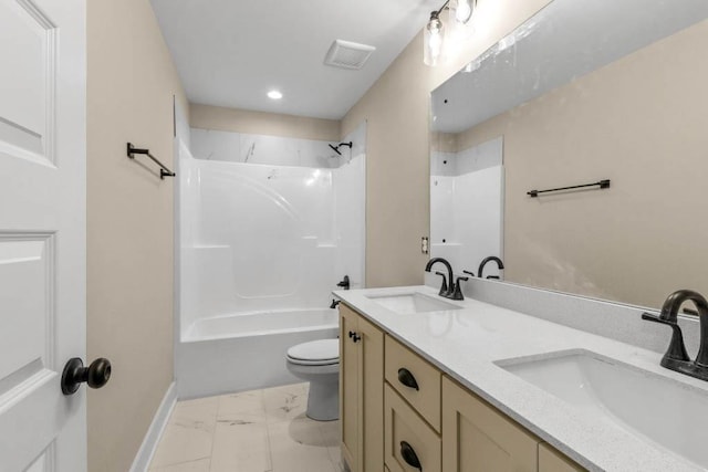 full bathroom featuring baseboards, marble finish floor, a sink, and visible vents