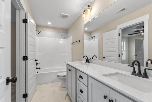 bathroom featuring a sink, visible vents, shower / tub combination, and marble finish floor
