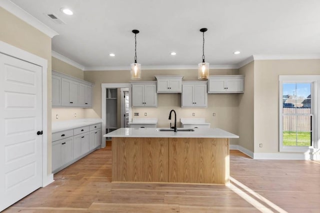 kitchen with visible vents, a sink, ornamental molding, light wood-type flooring, and a kitchen island with sink