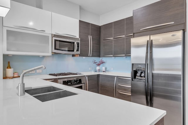 kitchen featuring stainless steel appliances, dark brown cabinets, and sink