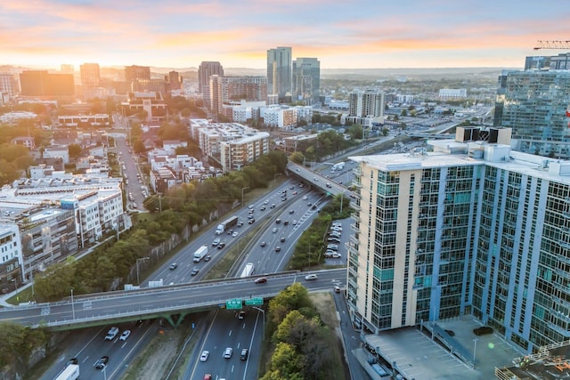 view of aerial view at dusk