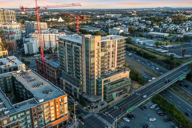 view of aerial view at dusk