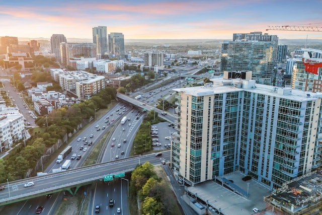 view of aerial view at dusk