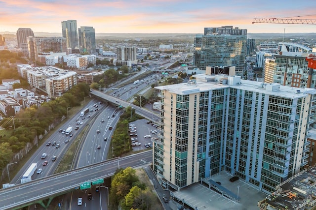 view of aerial view at dusk