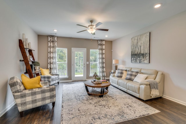 living room with ceiling fan and dark hardwood / wood-style flooring