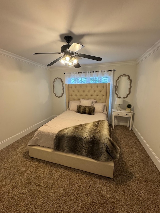 bedroom featuring ceiling fan, ornamental molding, and carpet