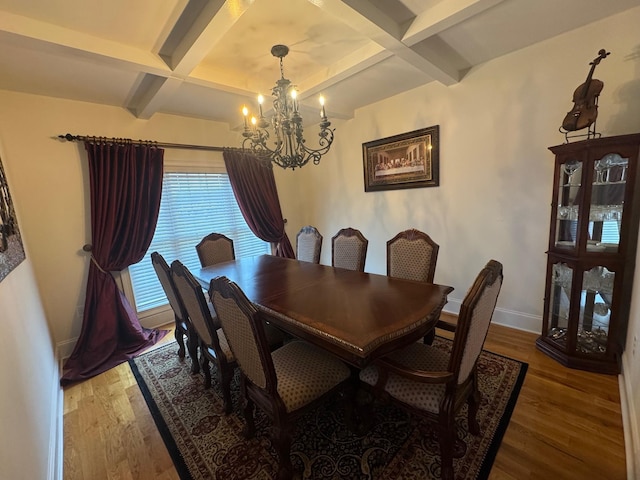 dining room featuring hardwood / wood-style flooring, coffered ceiling, an inviting chandelier, and beamed ceiling