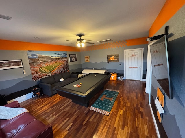 playroom featuring dark hardwood / wood-style flooring, pool table, and ceiling fan