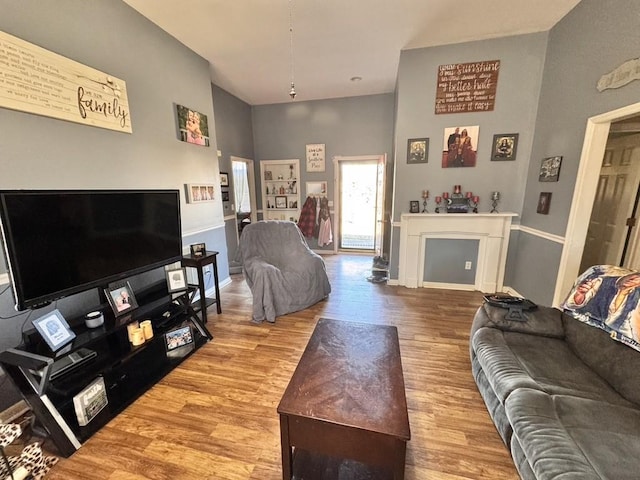 living room with hardwood / wood-style flooring, a fireplace, and a high ceiling