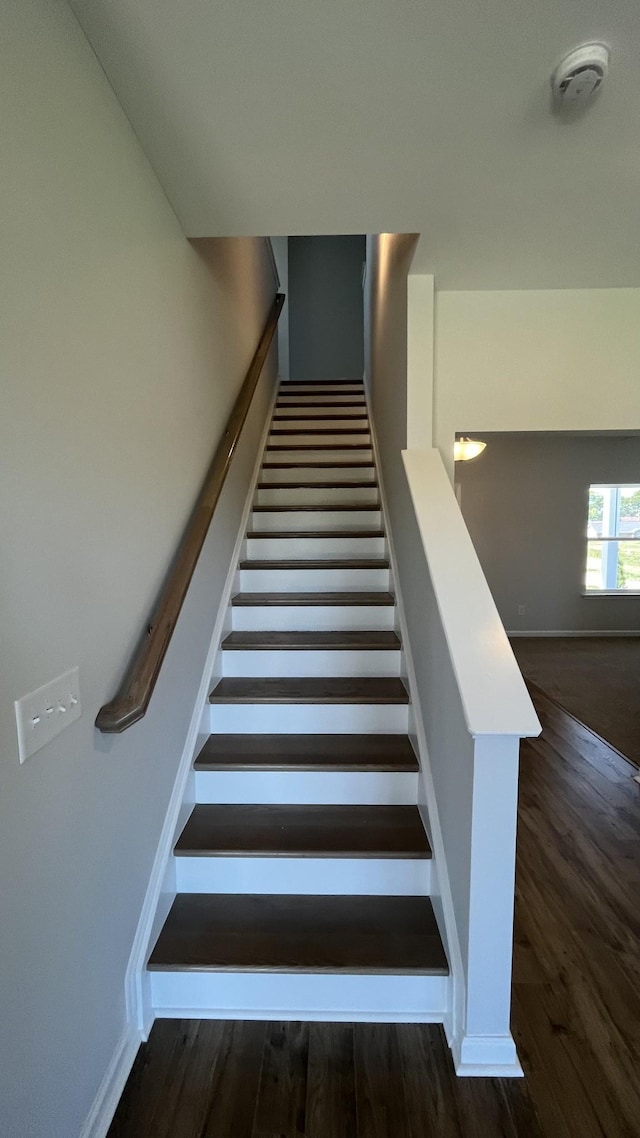 stairway with hardwood / wood-style flooring